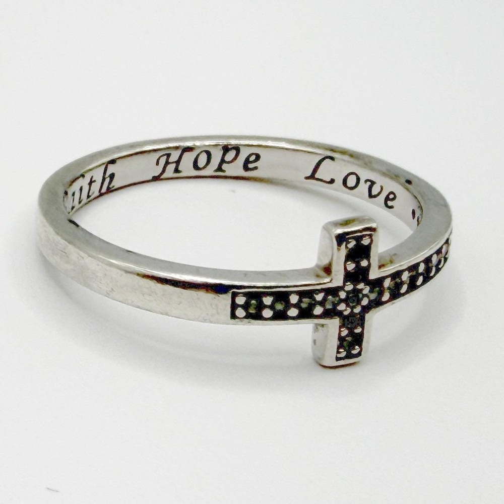 Sterling Silver Faith Love Hope Cross Rhinestone Ring S925 Size 5.5